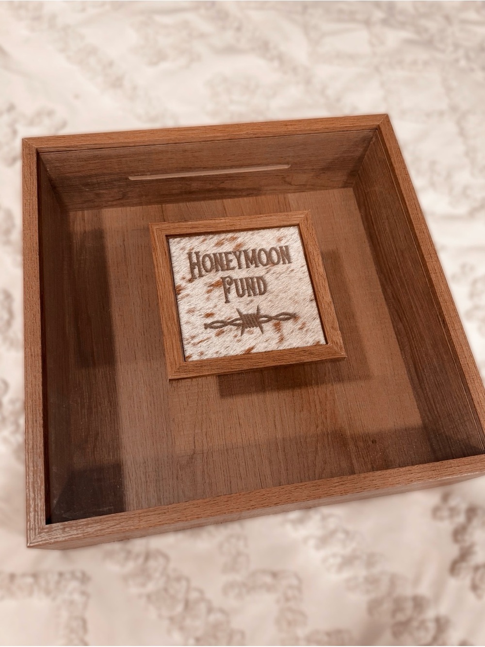 Wooden 'Honeymoon Fund' Decorative Card Shadow Box - Brown / Cowhide